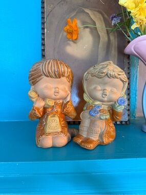 Mid Century Japanese Ceramic Figurine Pair with Blue Floral Accents